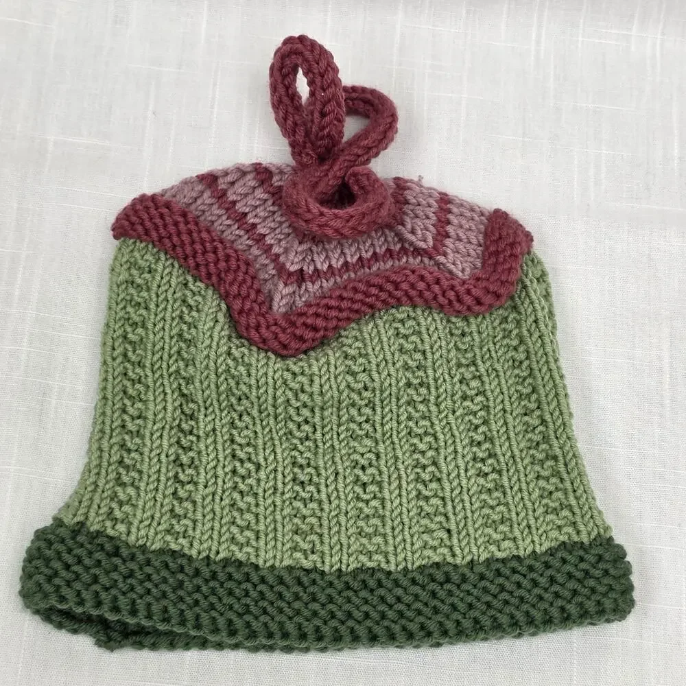 Baby Toddler Knit Hat Knotted Top Stretchy Beanie Green Pink Handmade Infant Cap